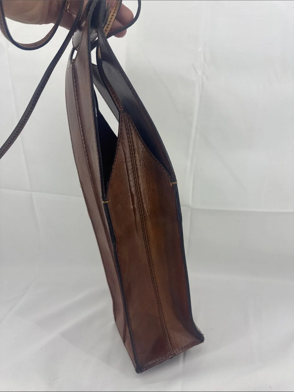 Cognac Brown Handcrafted Leather Wine Carrier Bag, Snap Handle Strap, Gift Tote